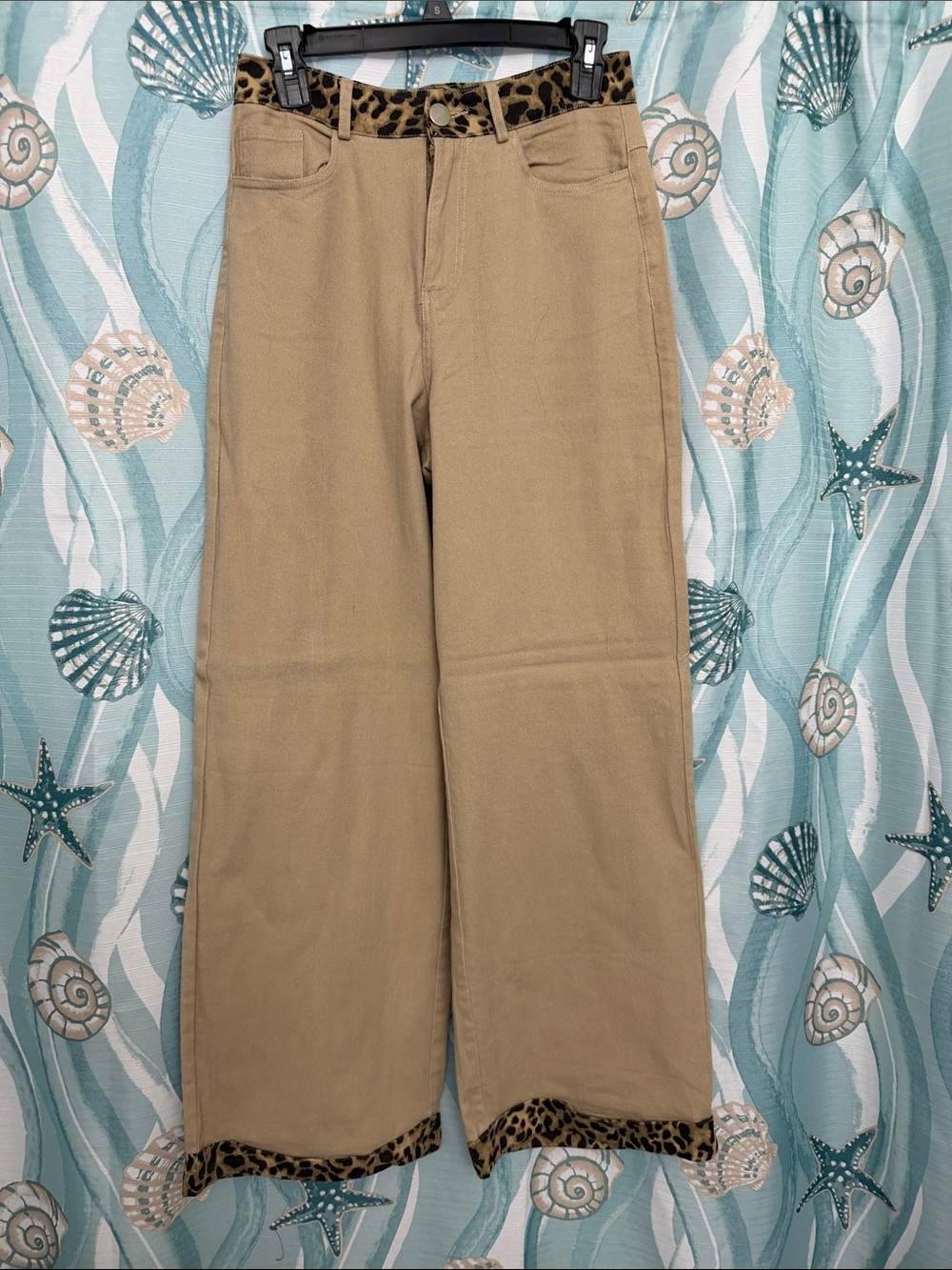 High-Rise Khaki Wide-Leg Jeans with Leopard Trim